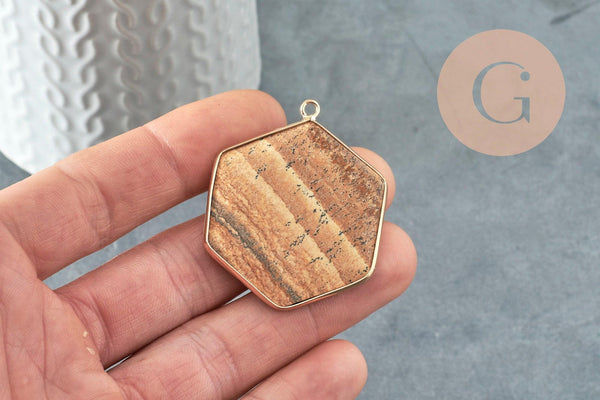 Pendentif hexagone jaspe paysage,pendentif pierre,pendentif collier,pierre naturelle,pendentif jaspe paysage naturel,45mm, x1 G2381