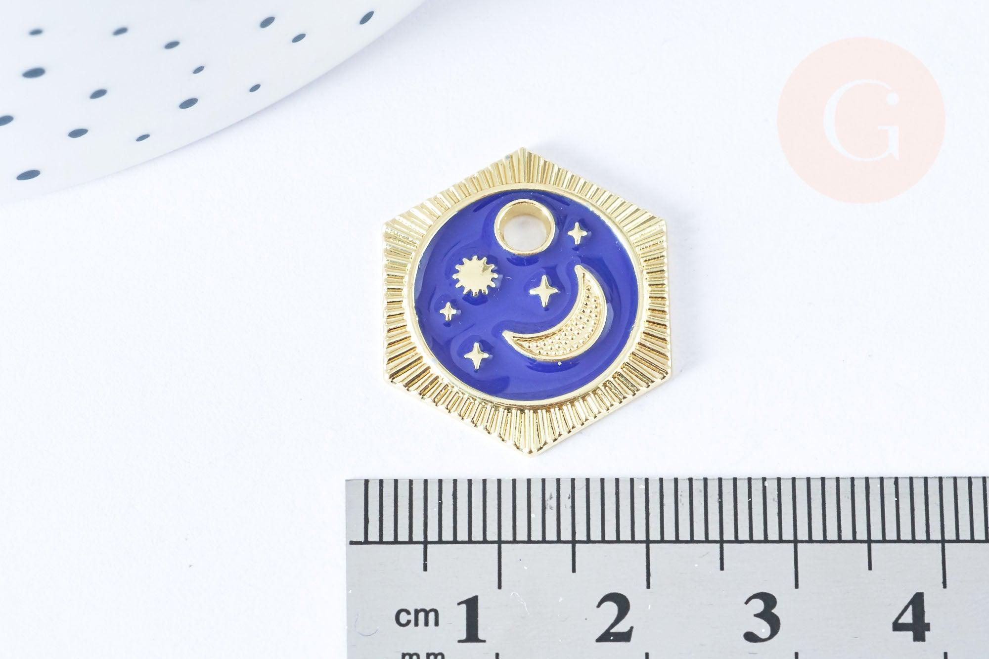 Pendentif hexagone lune étoiles bleu zamac doré 18k cristal zircon 23mm,sans nickel, pendentif chance, x1 G6681