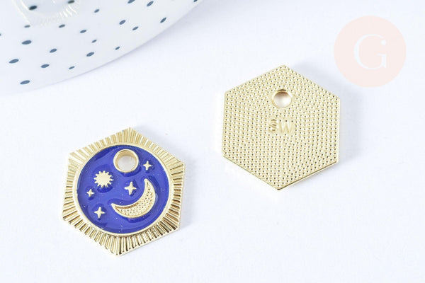 Pendentif hexagone lune étoiles bleu zamac doré 18k cristal zircon 23mm,sans nickel, pendentif chance, x1 G6681