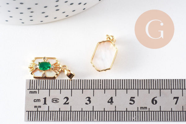 Pendentif hexagone nacre zircon blanc et vert laiton doré 18K 18mm, x1 (G10082)