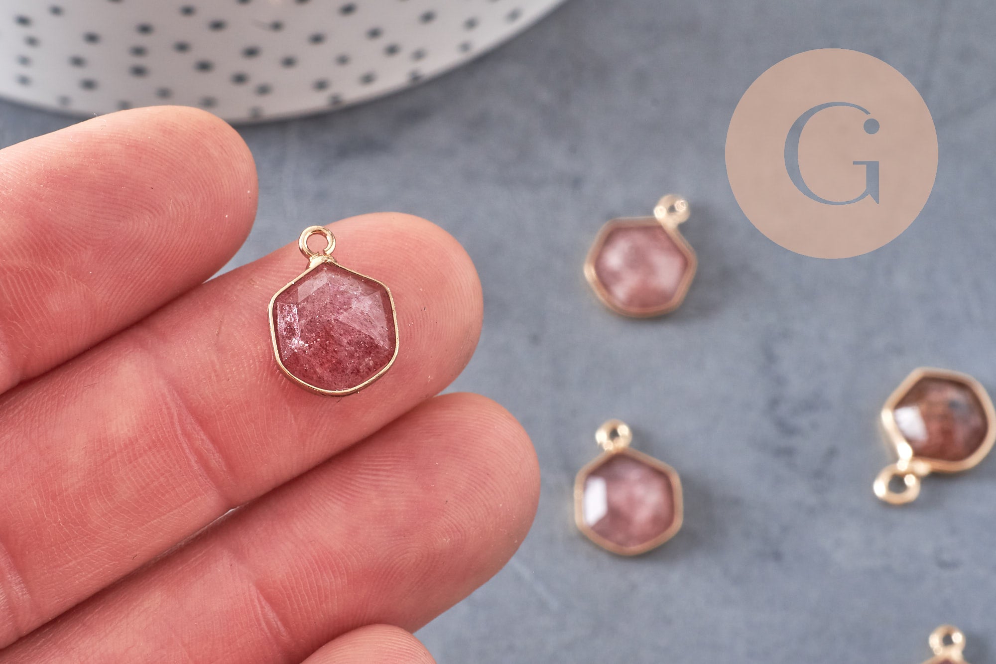 Pendentif hexagone quartz fraise 15mm,pendentif pierre,pendentif collier,pierre naturelle,pendentif quartz, quartz naturel, x1 G5629