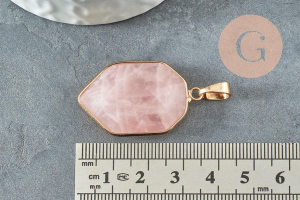 Pendentif hexagone quartz rose, fournitures créatives, quartz rose naturel, création bijoux, pierre naturelle, 30mm, x1 G2697