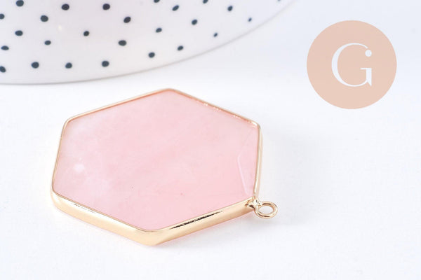 Pendentif hexagone quartz rose naturel laiton doré 45mm, x1 (G2718)