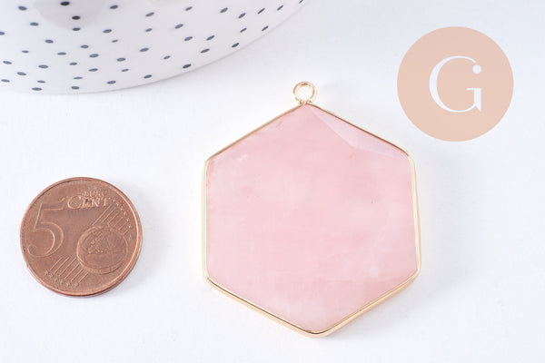 Pendentif hexagone quartz rose naturel laiton doré 45mm, x1 (G2718)