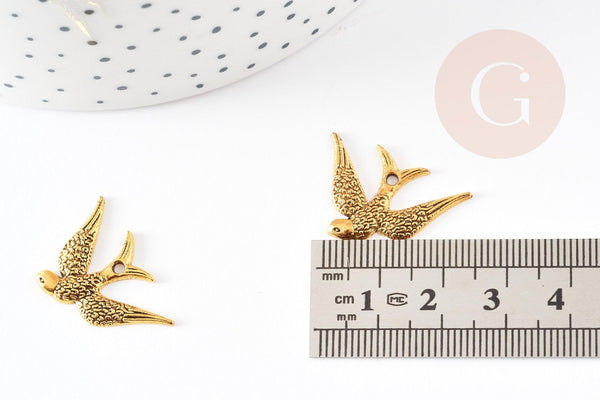 Pendentif hirondelle zamac doré 25mm, pendentif oiseau doré pour création bijoux, x2 G0999