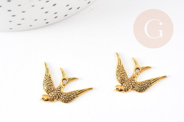 Pendentif hirondelle zamac doré 25mm, pendentif oiseau doré pour création bijoux, x2 G0999