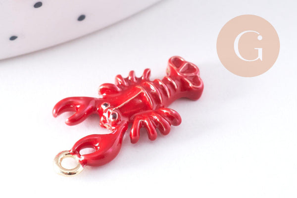Pendentif homard émail rouge zamac doré 21mm, x1 (G10619)