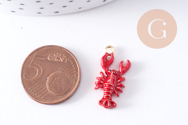 Pendentif homard émail rouge zamac doré 21mm, x1 (G10619)