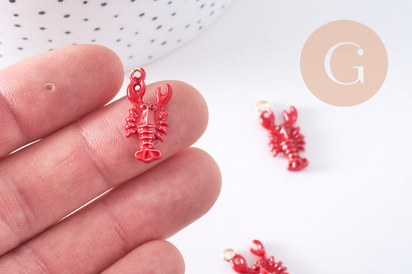 Pendentif homard émail rouge zamac doré 21mm, x1 (G10619)