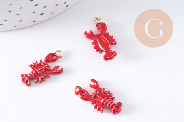 Pendentif homard émail rouge zamac doré 21mm, x1 (G10619)