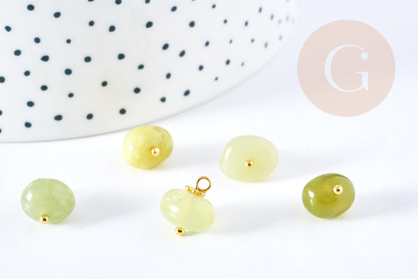 Pendentif jade olive naturel laiton doré 13-14mm,pendentif création bijoux pierre naturelle, x1 G8643