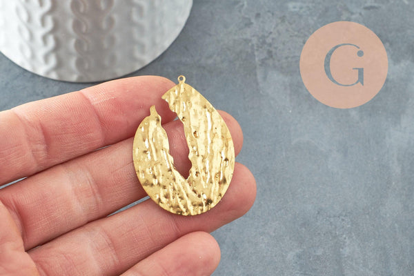 Pendentif laiton doré goutte évidée martelé, breloques laiton brut sans nickel pour création bijoux géométrique,42mm, X2 (G4679)