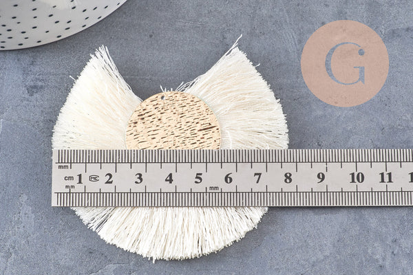 Pendentif large pompon fil blanc écru or support doré,création boucles oreille, pendentif fil or, 70-80mm, x 2 (G4531)