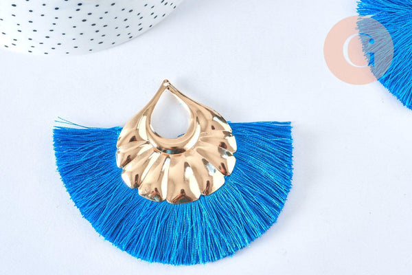 Pendentif large pompon fil bleu clair support doré,pendentif en fil sur support doré, 85-92mm, x 2 (G4891)