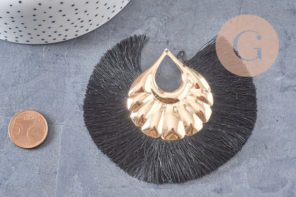 Pendentif large pompon fil noir support doré,pendentif en fil sur support doré, 85-92mm, x2 (G4533)