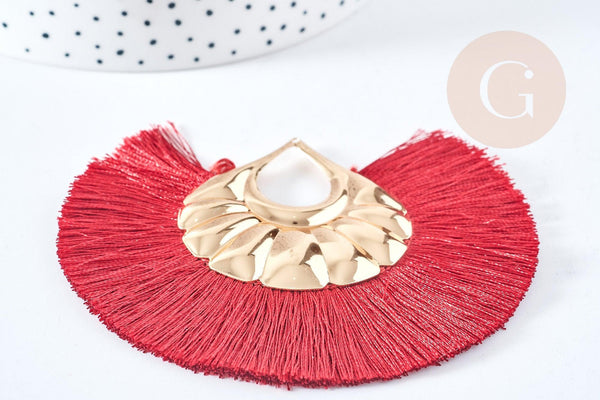 Pendentif large pompon fil rouge foncé support fer doré 85-92mm,pendentif bijoux xxL, x2 (G8375)