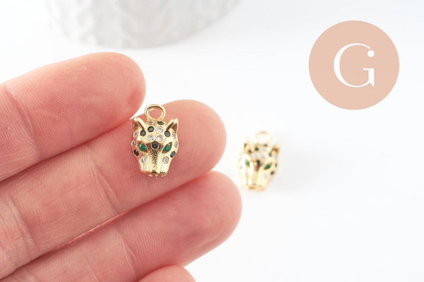 Pendentif léopard laiton doré 18K zircons multicolore 16mm, x1 (G4458)