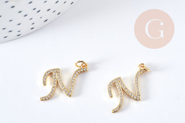 Pendentif lettre N initiale laiton doré zircon blanc 16mm, pendentif initiale prénom x1 G8758