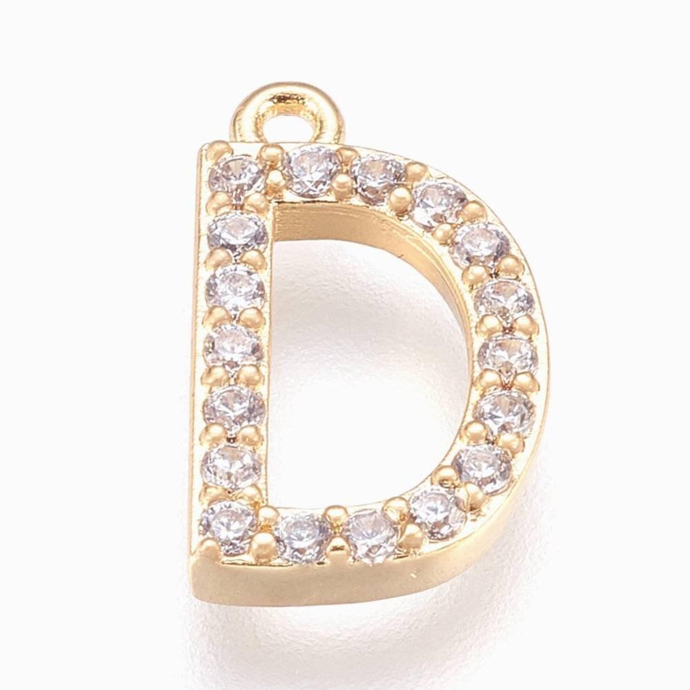 Pendentif lettre cristal blanc laiton doré 15mm, x1 (G2728)