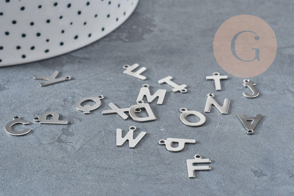 Pendentif lettre initiale acier 201 argenté inoxydable 12.6mm x1 (G8896)