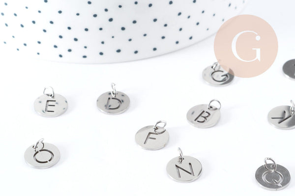 Pendentif lettre initiale acier 201 inoxydable platine sans nickel 12mm, x1 (G8969)