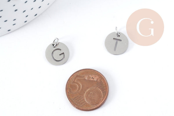 Pendentif lettre initiale acier 201 inoxydable platine sans nickel 12mm, x1 (G8969)