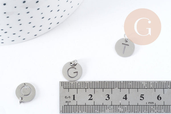 Pendentif lettre initiale acier 201 inoxydable platine sans nickel 12mm, x1 (G8969)