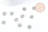Pendentif lettre initiale acier 201 inoxydable platine sans nickel 12mm, x1 (G8969)
