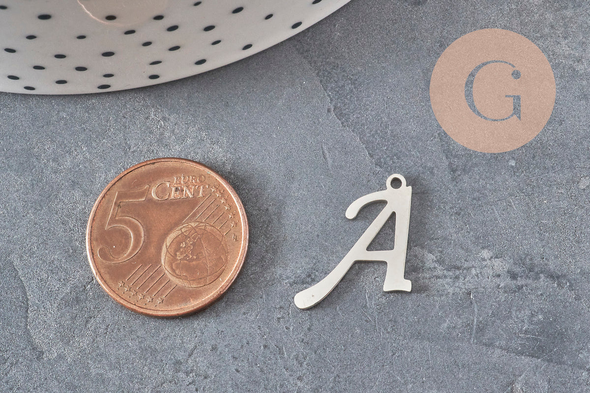 Pendentif lettre initiale acier inoxydable platine 20.5mm, x1 (G11374)
