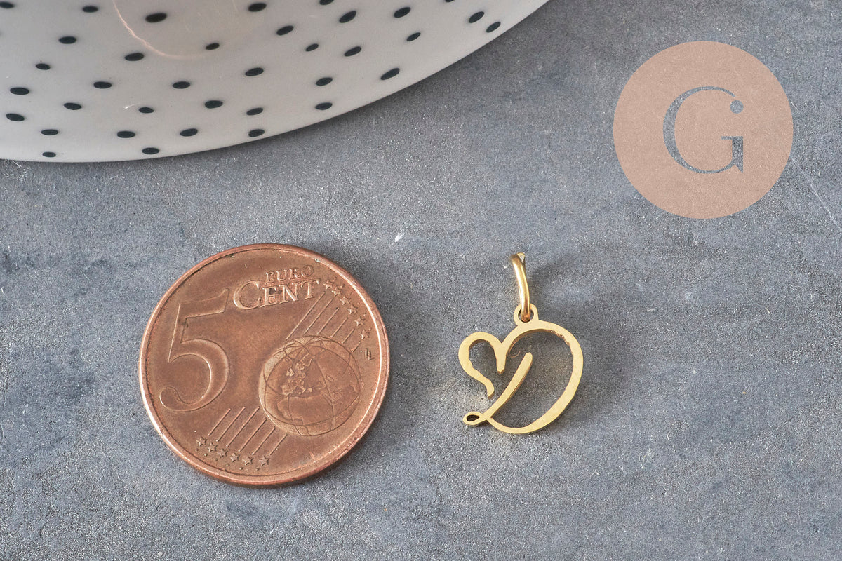 Pendentif lettre initiale stylisé acier inoxydable doré IP 12.5mm, x1 (G11372)
