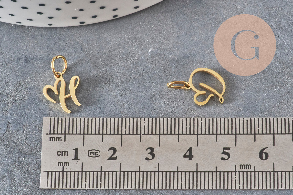Pendentif lettre initiale stylisé acier inoxydable doré IP 12.5mm, x1 (G11372)