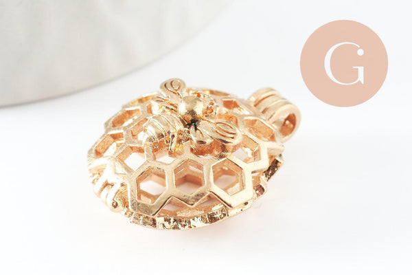 Pendentif locket cage abeille zamac doré, création sautoir, pendentif à ouvrir,26mm, x1 (G5248)