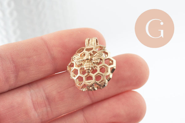 Pendentif locket cage abeille zamac doré, création sautoir, pendentif à ouvrir,26mm, x1 (G5248)