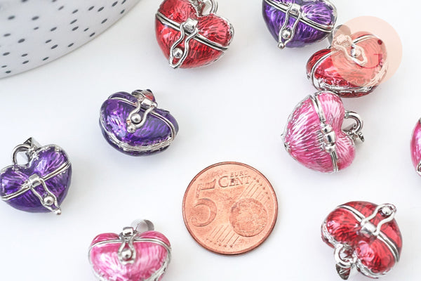 Pendentif locket coeur argenté émaillé, bijoux de grossesse, création bijoux argenté, 17.5mm, x1 G5513