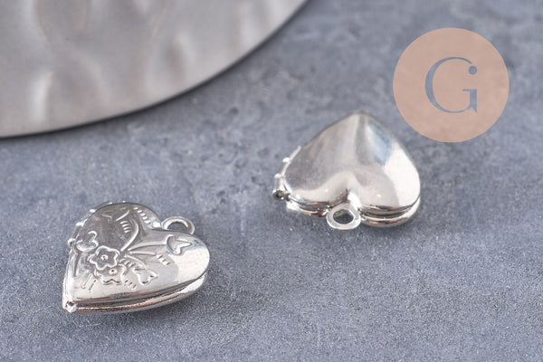 Pendentif locket cœur medaillon laiton argenté, médaillon Vintage, création collier, 15.6mm, x 2 (G3341)
