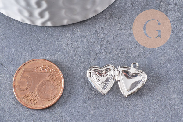 Pendentif locket cœur medaillon laiton argenté, médaillon Vintage, création collier, 15.6mm, x 2 (G3341)