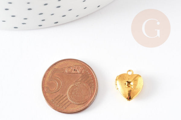Pendentif locket cœur medaillon laiton brut 12mm, x2 (G6206)