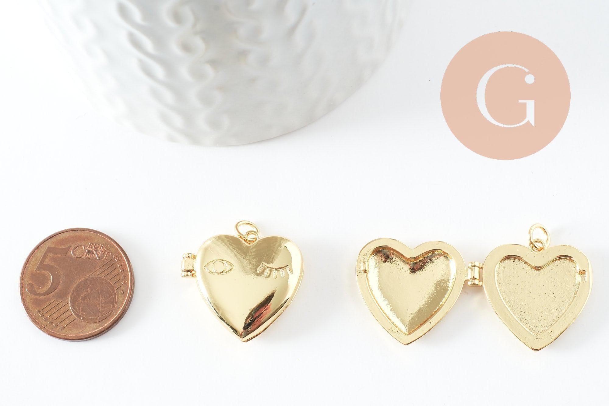 Pendentif locket cœur porte-photo laiton doré 18K 21-22mm, x1 (G9549)