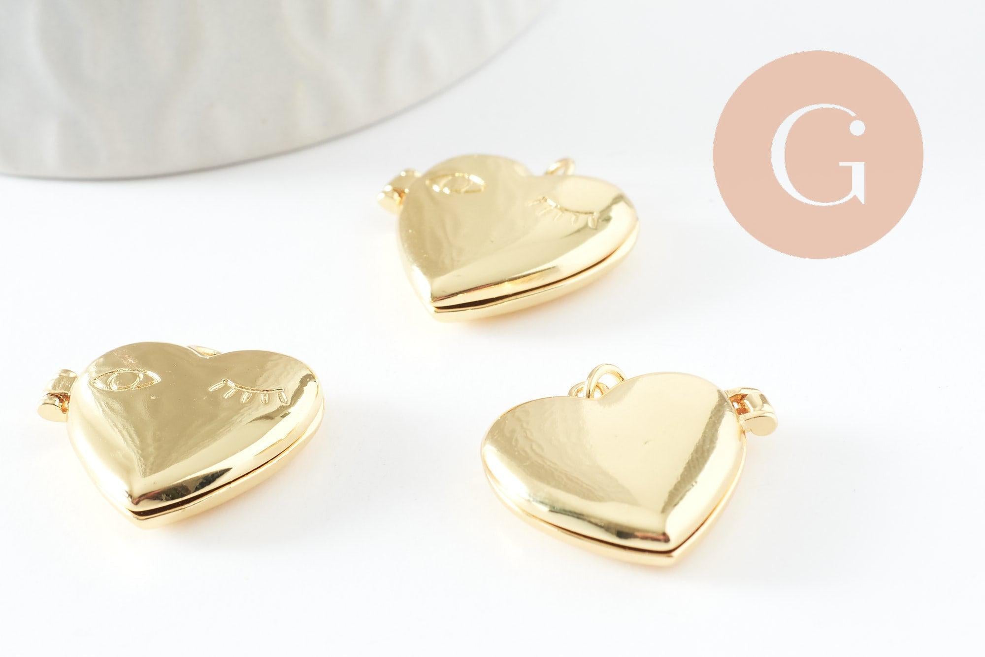 Pendentif locket cœur porte-photo laiton doré 18K 21-22mm, x1 (G9549)