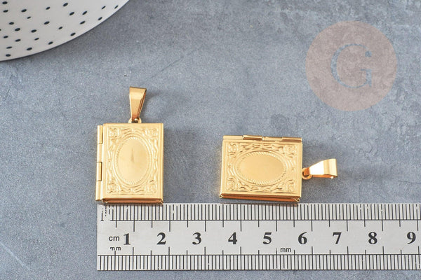 Pendentif locket livre acier 316 inoxydable doré 26mm, x1 (G6327)