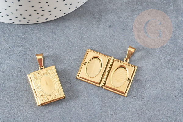 Pendentif locket livre acier 316 inoxydable doré 26mm, x1 (G6327)