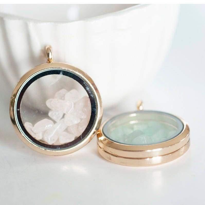 Pendentif locket medaillon vitrine verre laiton doré 35.5mm, x1 (G0602)