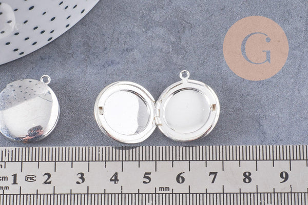 Pendentif locket medaillon zamac argenté 20mm, pendentif locket pour création bijou souvenir x2 (G1514)