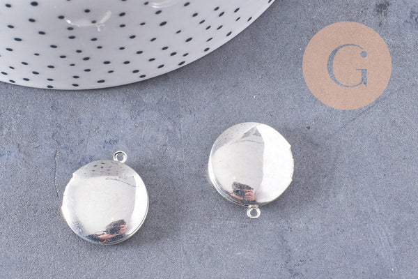 Pendentif locket medaillon zamac argenté 20mm, pendentif locket pour création bijou souvenir x2 (G1514)