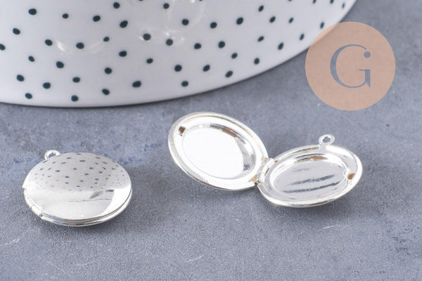 Pendentif locket medaillon zamac argenté 20mm, x2 (G1514)
