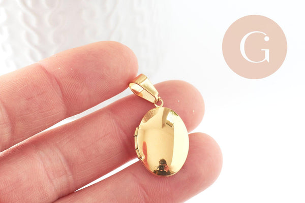 Pendentif locket ovale acier 316 inoxydable doré IP 18K 24mm, x1 (G9466)