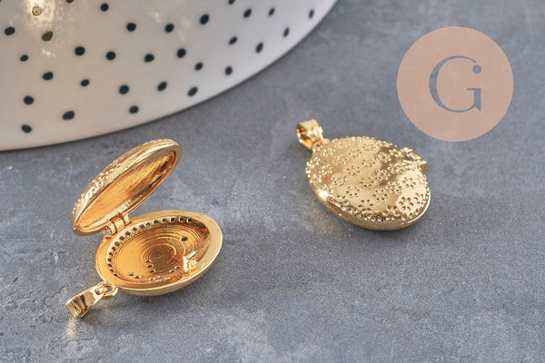 Pendentif locket ovale laiton doré 18K étoiles zircons 17mm, x1 (G10978)