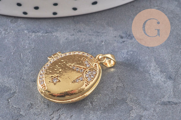 Pendentif locket ovale laiton doré 18K étoiles zircons 17mm, x1 (G10978)