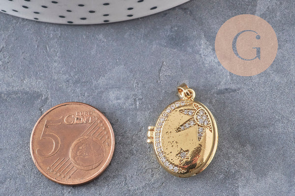 Pendentif locket ovale laiton doré 18K étoiles zircons 17mm, x1 (G10978)