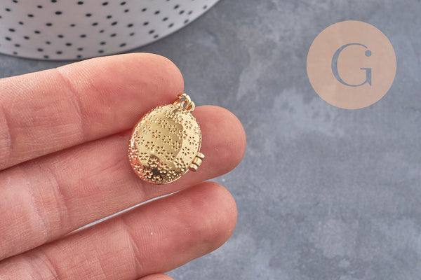 Pendentif locket ovale laiton doré 18K étoiles zircons 17mm, x1 (G10978)